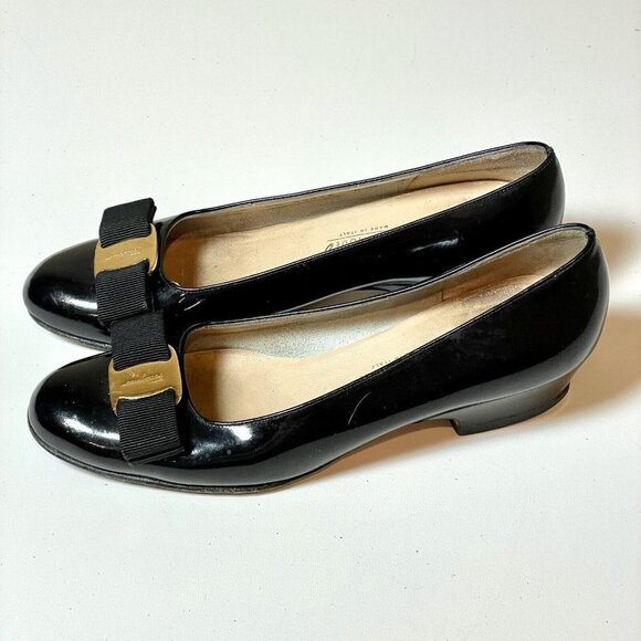 Salvatore Ferragamo Varina Ballet Flats Womens 4.5 B Blac Patent Leather Bow - Picture 3 of 10